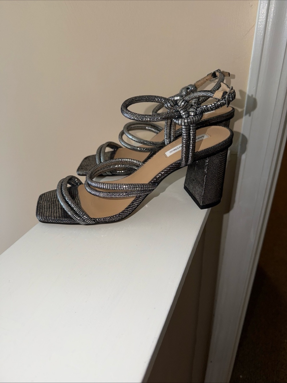 Saks Fifth Avenue Metallic Silver Black Strappy Block Heel Sandals size 9M
